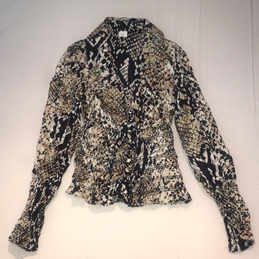 Stretch silk print smock waist/ cuff shirt